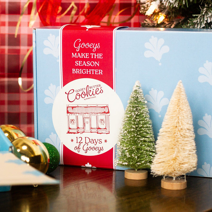 12 Days of Gooeys box with holiday decorations