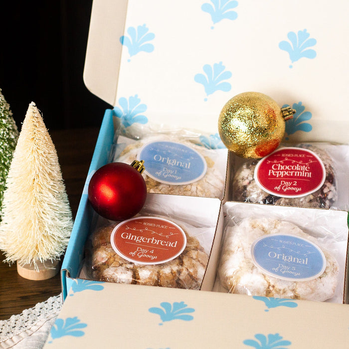 Open holiday box with Gingerbread and Chocolate Peppermint Gooey Butter Cookies